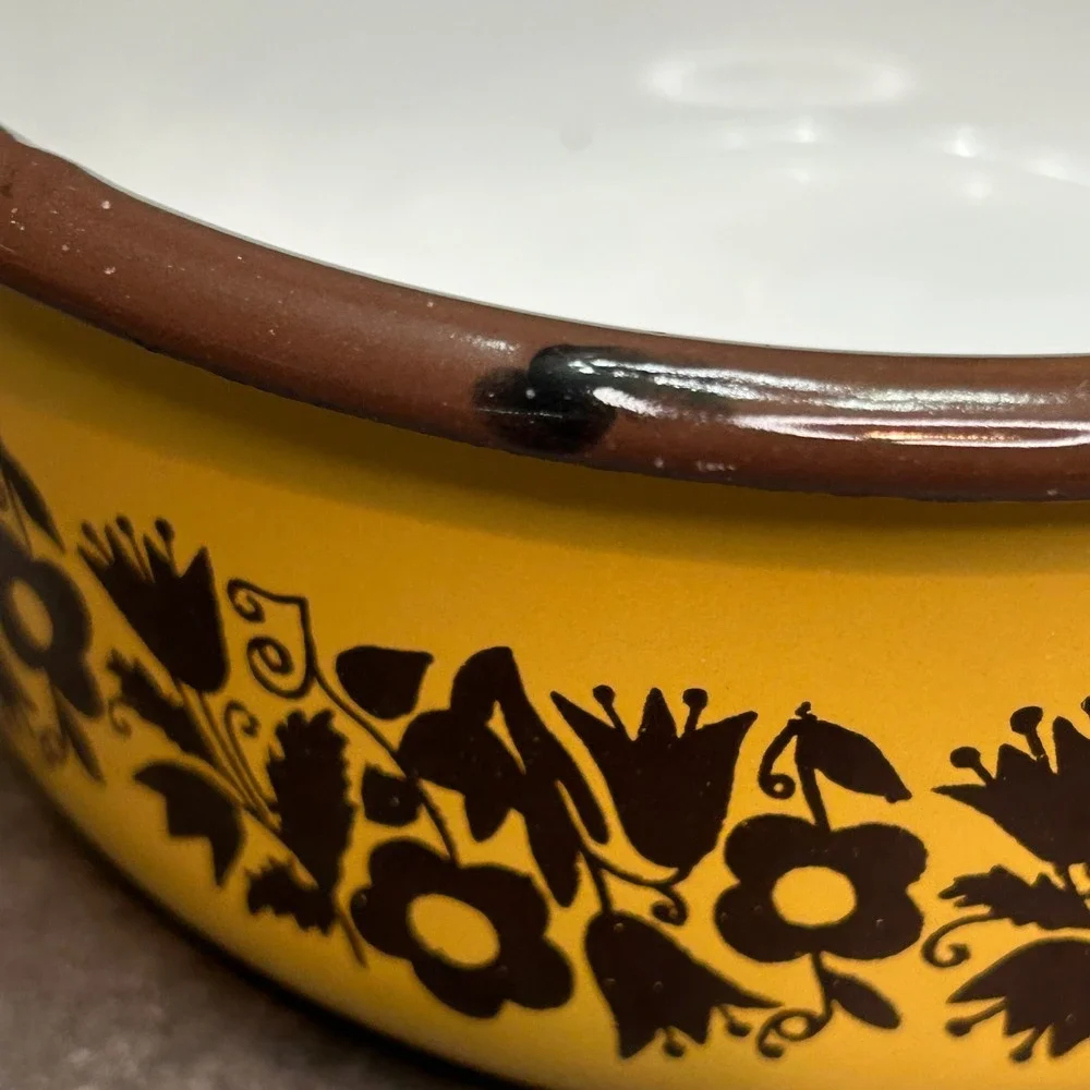 Vintage Yellow Enamelware Saucepan Brown Floral Pattern Retro Kitchen Pot 6 Inch